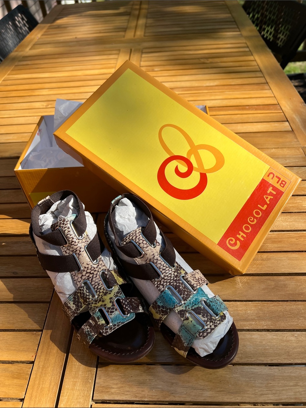 Chocolat Blu Brown and Teal Snake-Print Strappy Sandals vintage